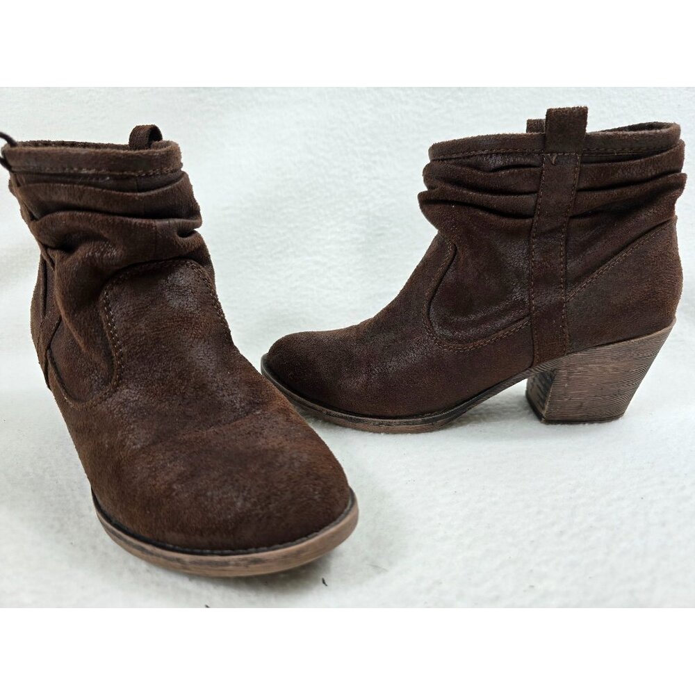 Rocketdog Brown Faux Suede Ankle Boots With Stacked Heel Ruched Design Size 9.5